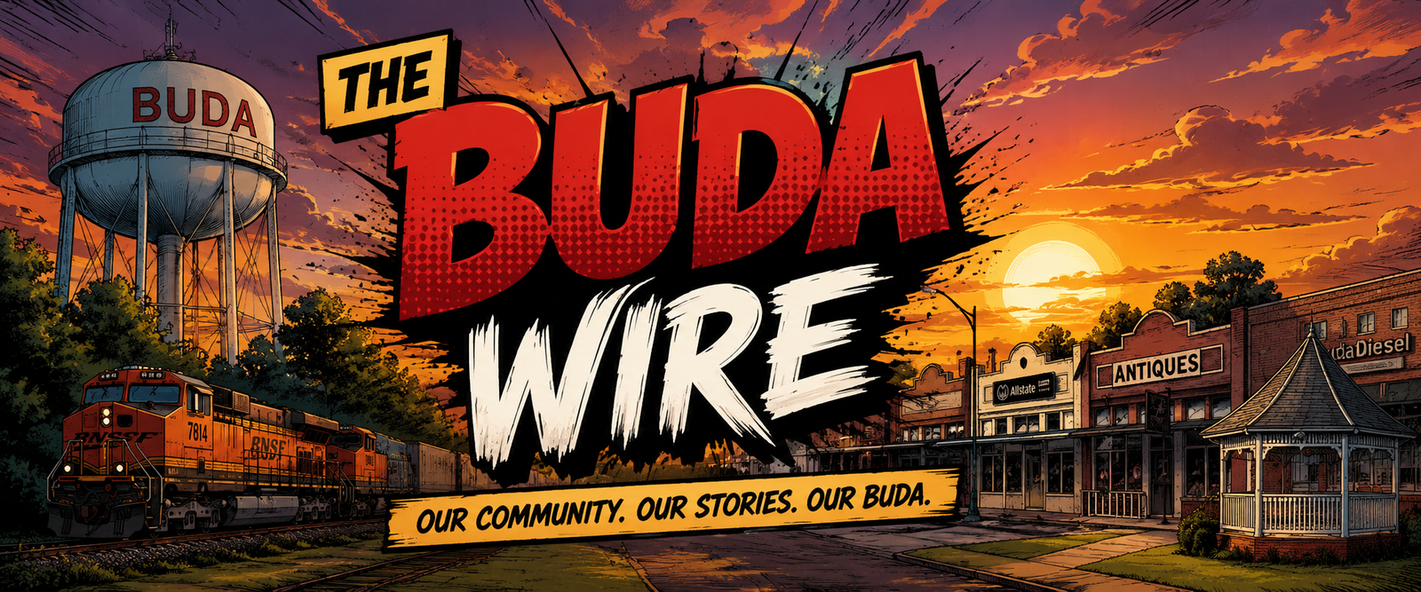 The Buda Wire — Buda, Texas water tower at sunrise